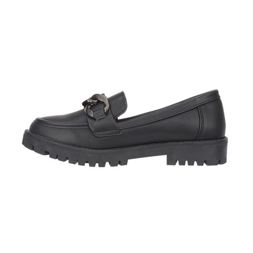 Black PU loafer shoe with a decorative buckle Adeline Shoes By Emma