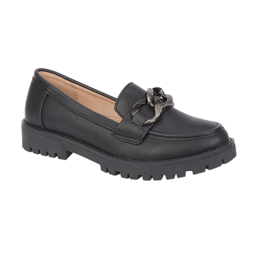 Black PU loafer shoe with a decorative buckle Adeline Shoes By Emma