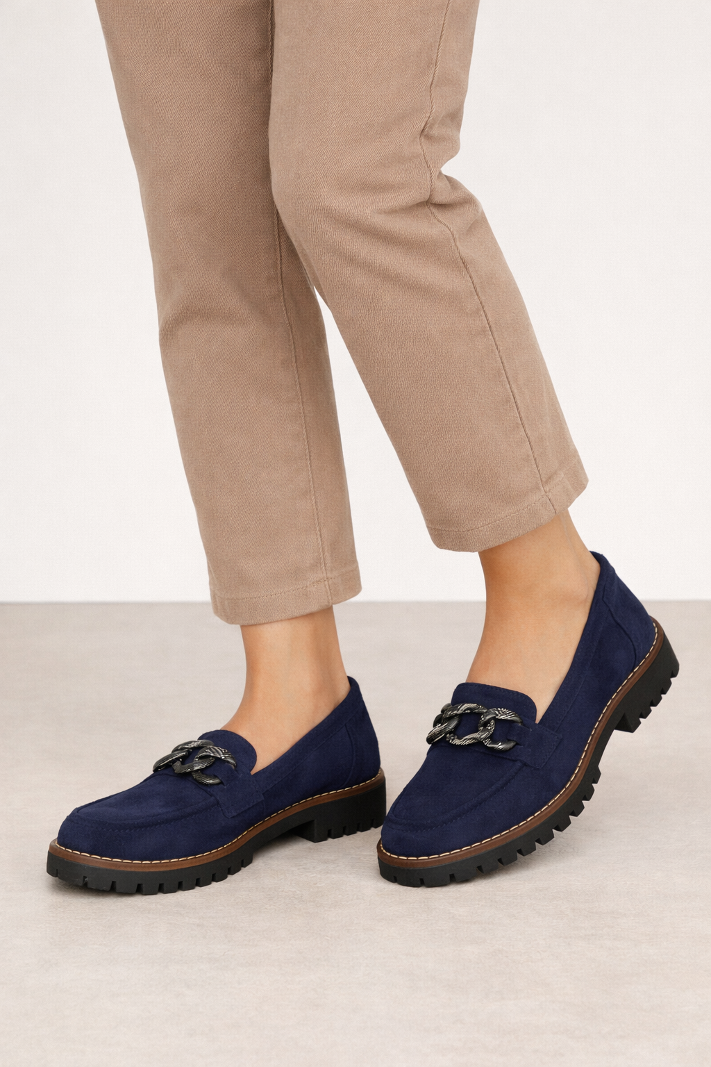 Navy Blue Chunky chain loafers worn with taupe pants Adeline