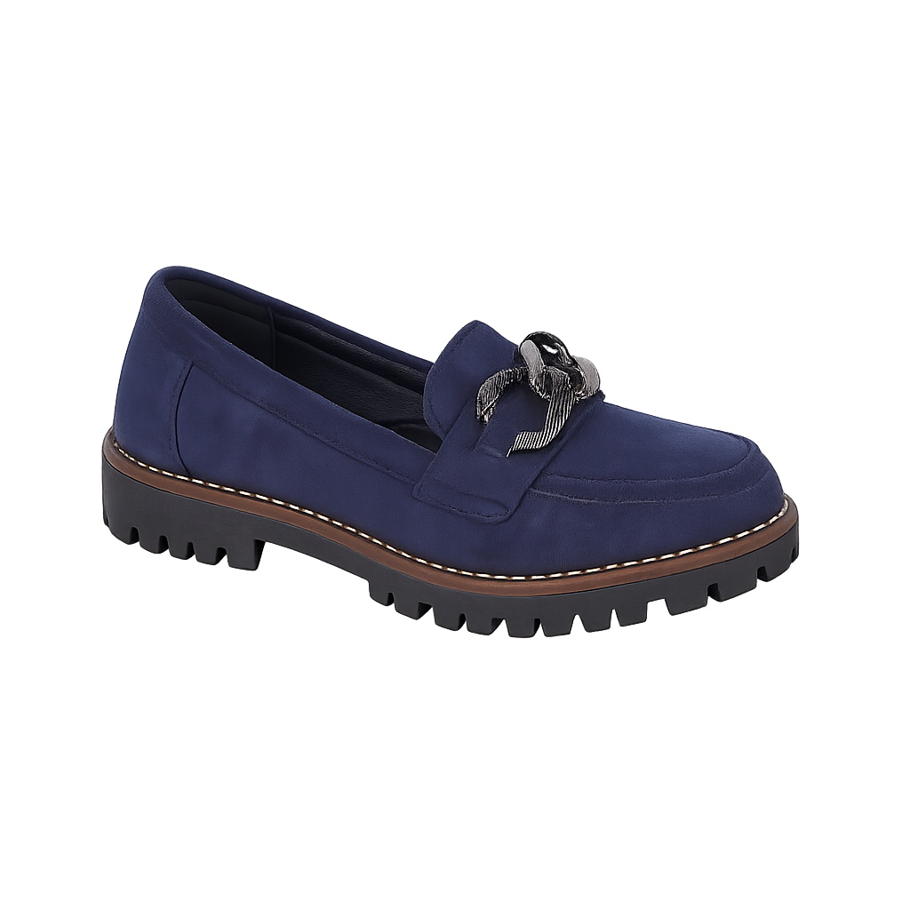 Navy Blue microfibre loafer shoe with a chunky chain Adeline Shoes By Emma