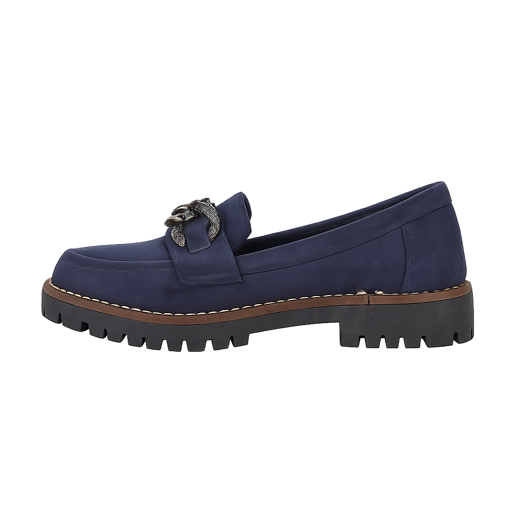 Navy Blue Microfibre loafer shoe with a chunky chain Adeline Shoes By Emma