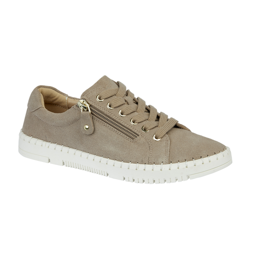 Instep Suede taupe ladies trainer lace up Cadiz Shoes by Emma 