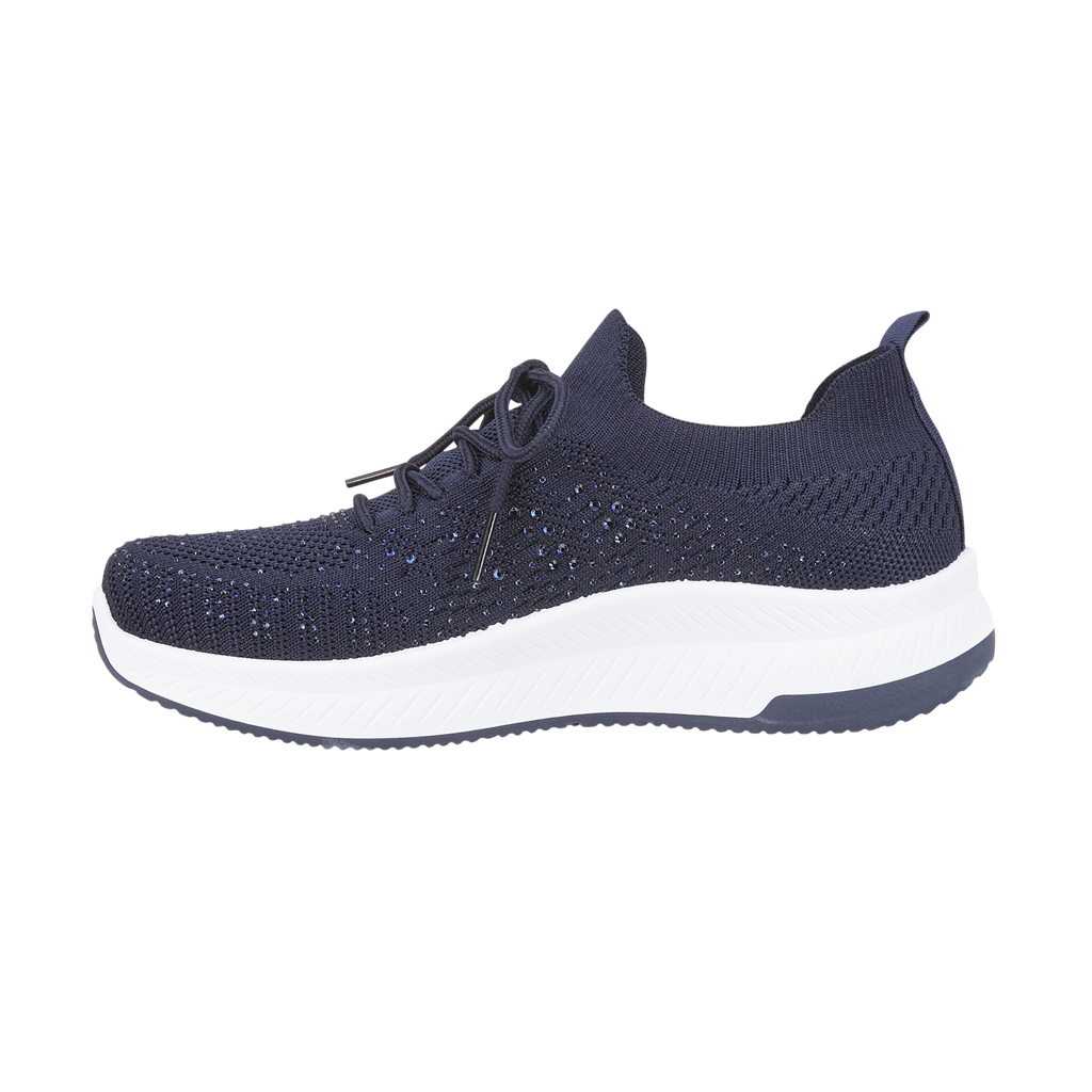 Side Navy blue lace up trainer instep with diamantes on white sole Calypso Navy Urban Jacks