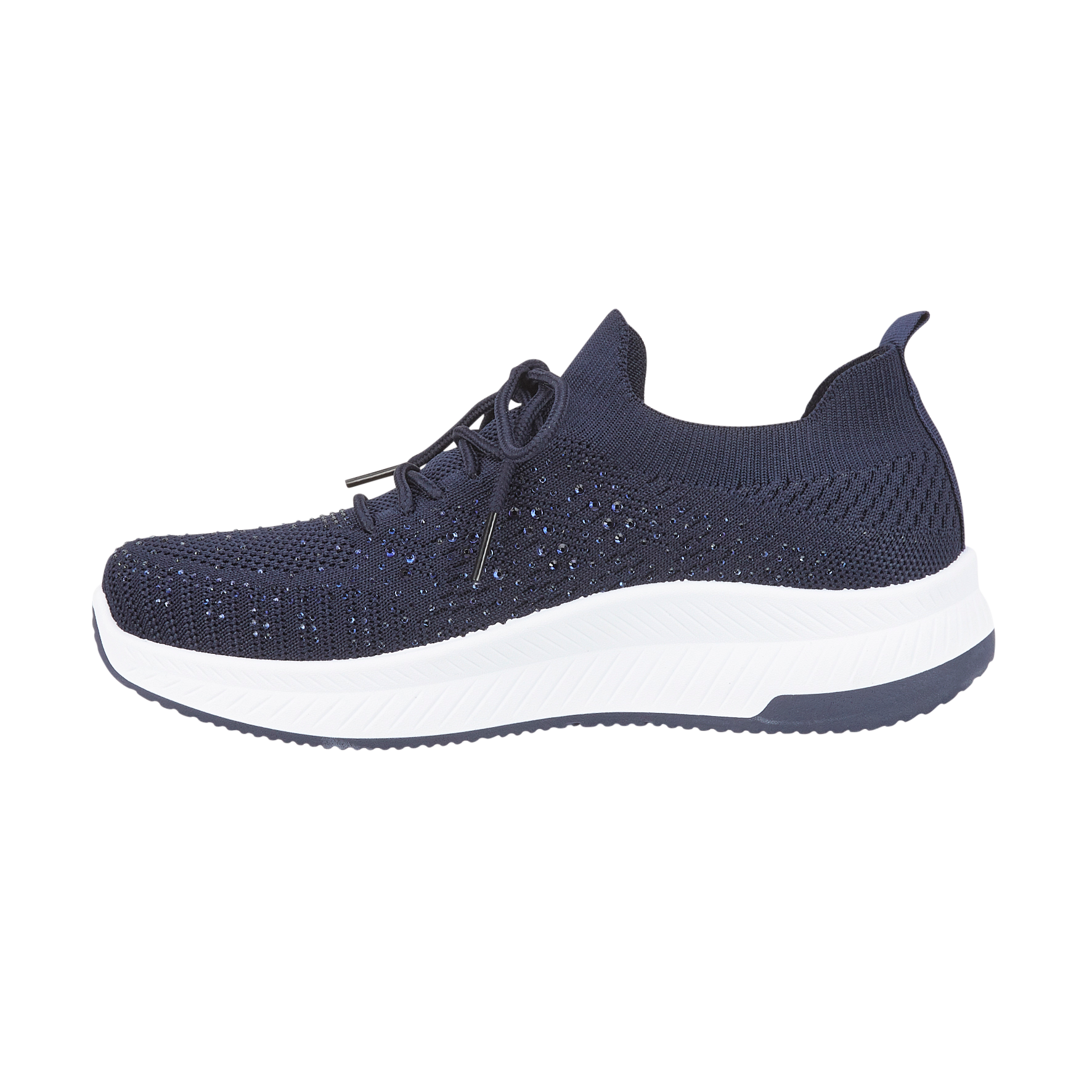 Side Navy blue lace up trainer instep with diamantes on white sole Calypso Navy Urban Jacks