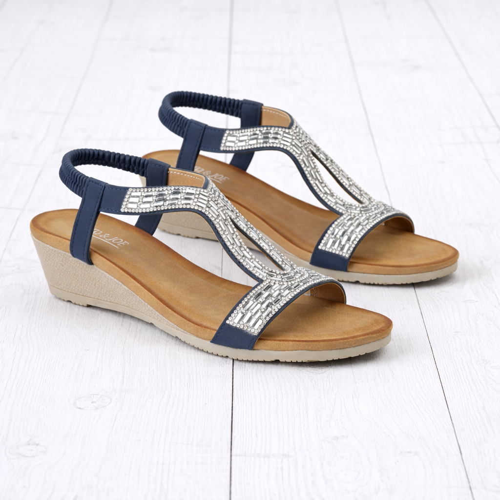Pair of wedge sandals with Navy blue straps and silver embellishments Cape Verde JO & JOE Collection