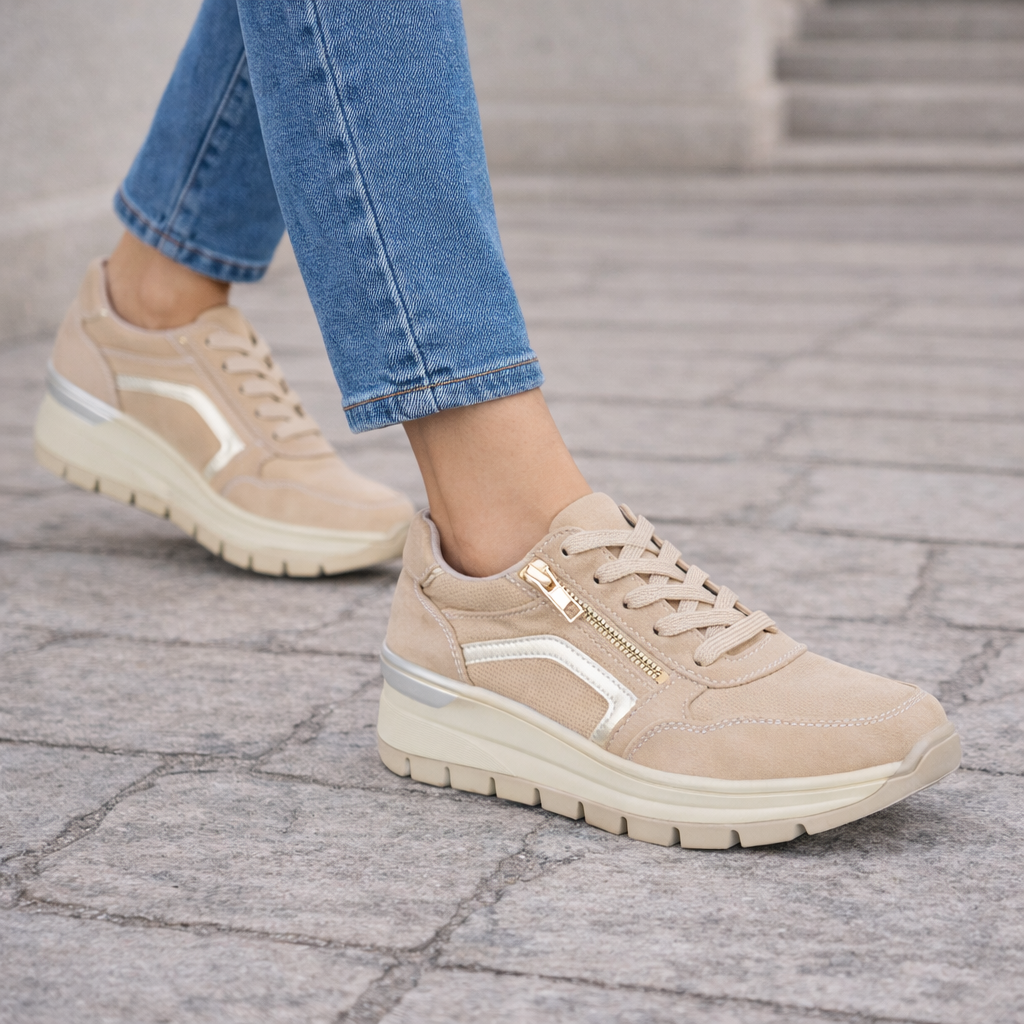Beige trainer sporty wedge with zip worn outside Dawlish Shoes by Emma 