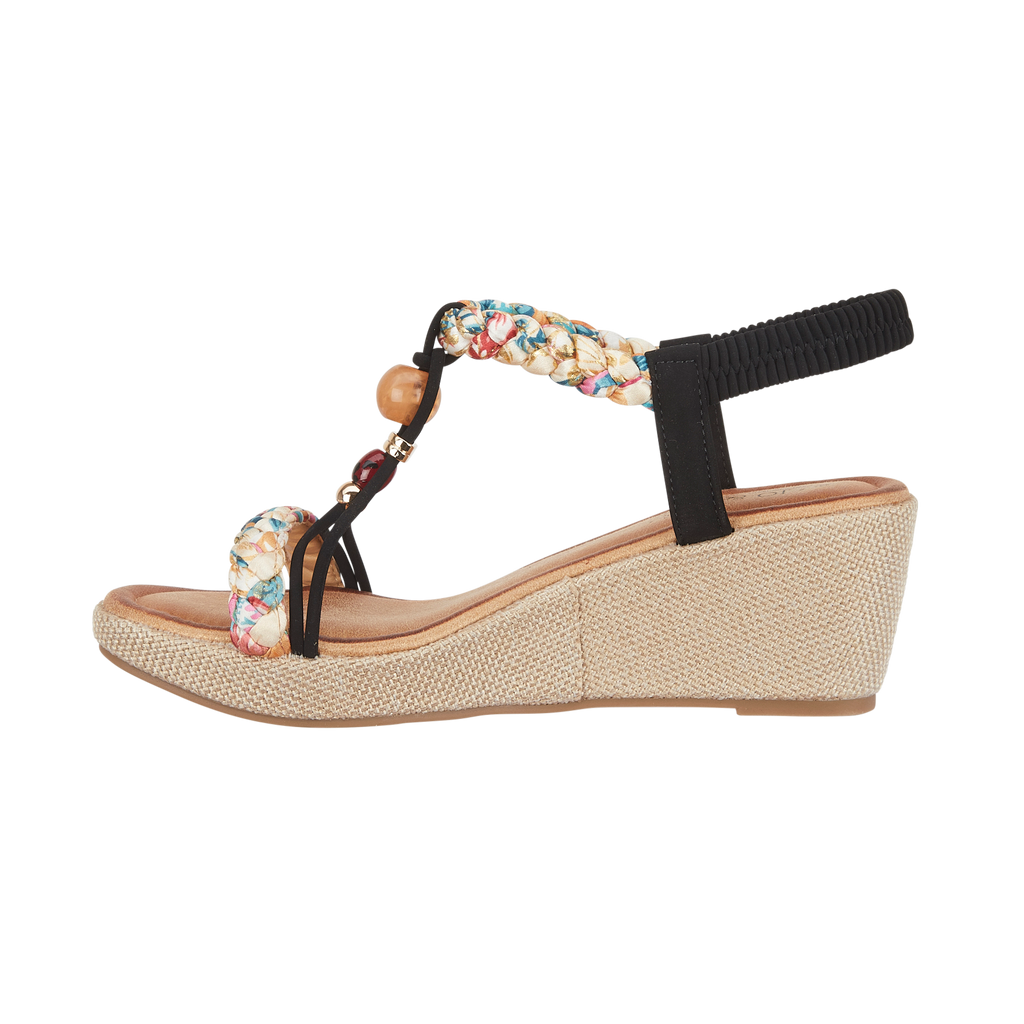 Black wedge sandal with decorative ankle strap and multicolored beads Faro JO & JOE