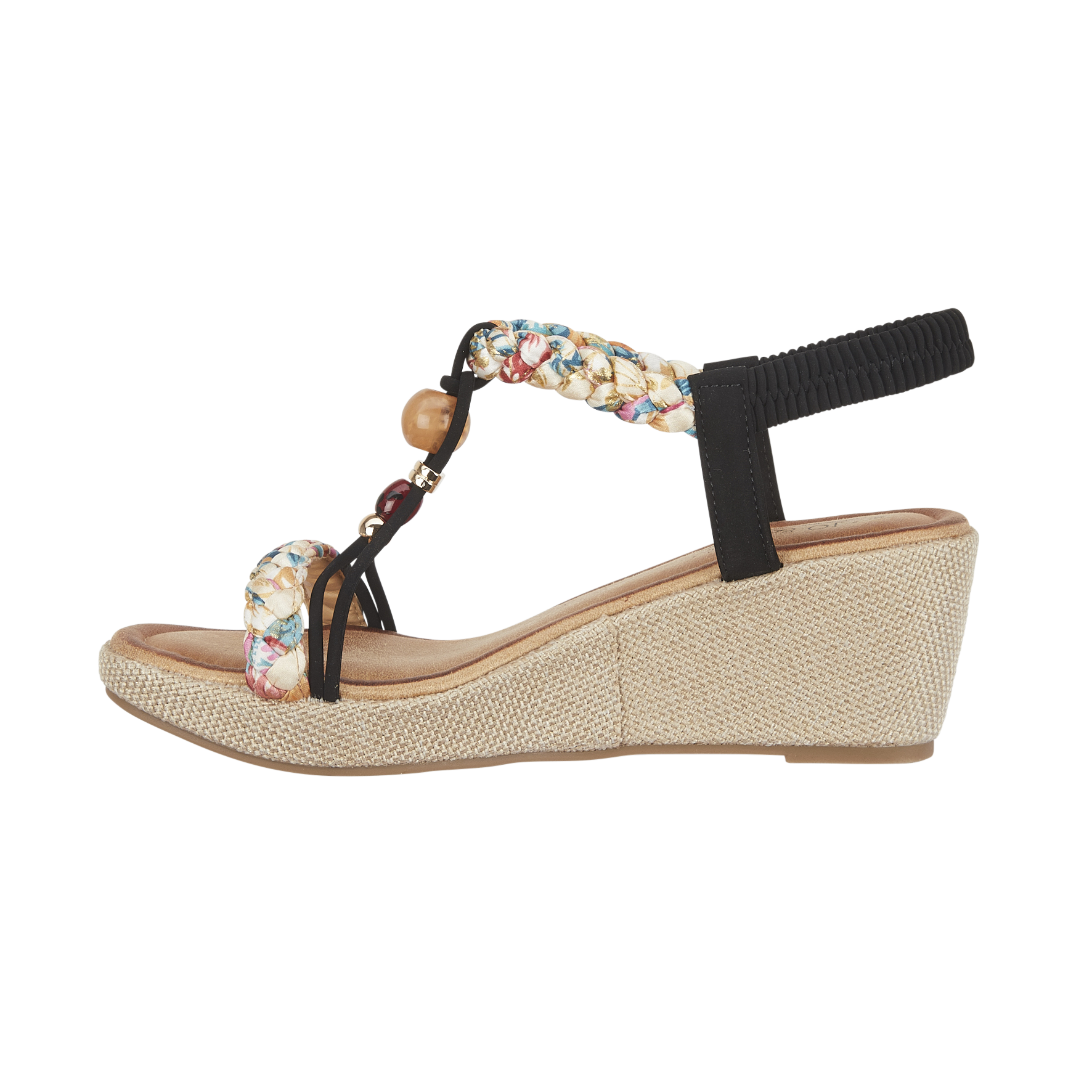 Black wedge sandal with decorative ankle strap and multicolored beads Faro JO & JOE
