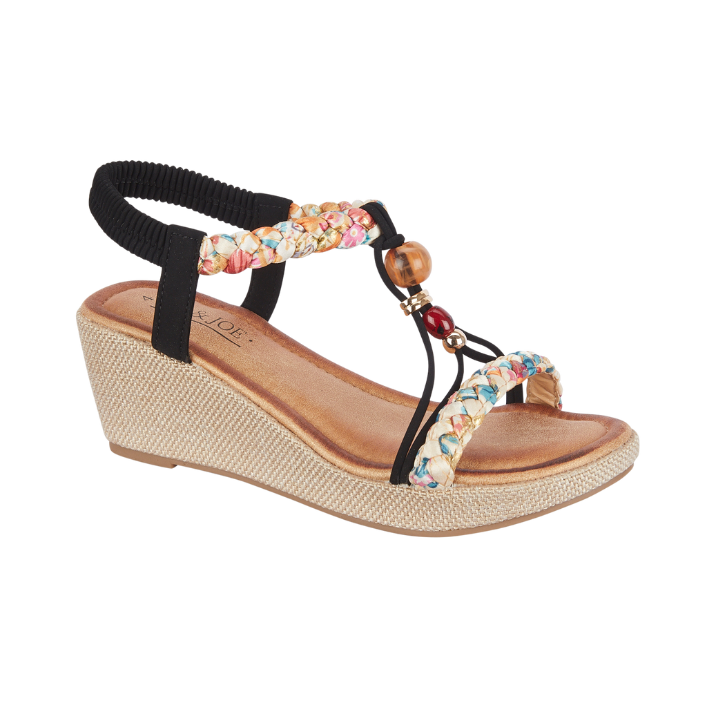 Black wedge sandal with decorative strap and beads Faro Jo & JOE