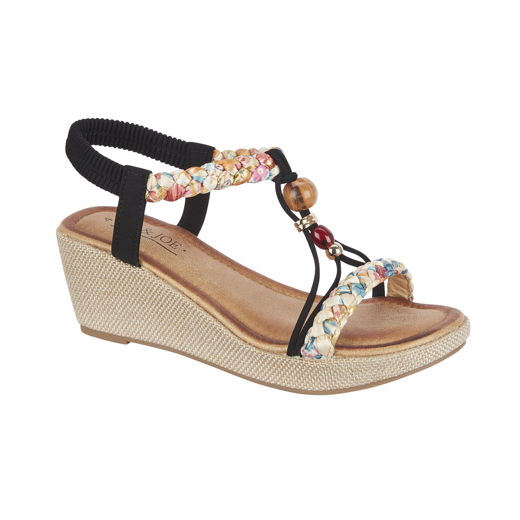 Black wedge sandal with decorative strap and beads Faro Jo & JOE
