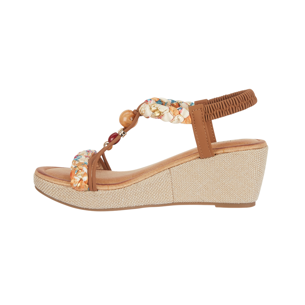 Tan wedge sandal with decorative straps and beads Faro JO & JOE