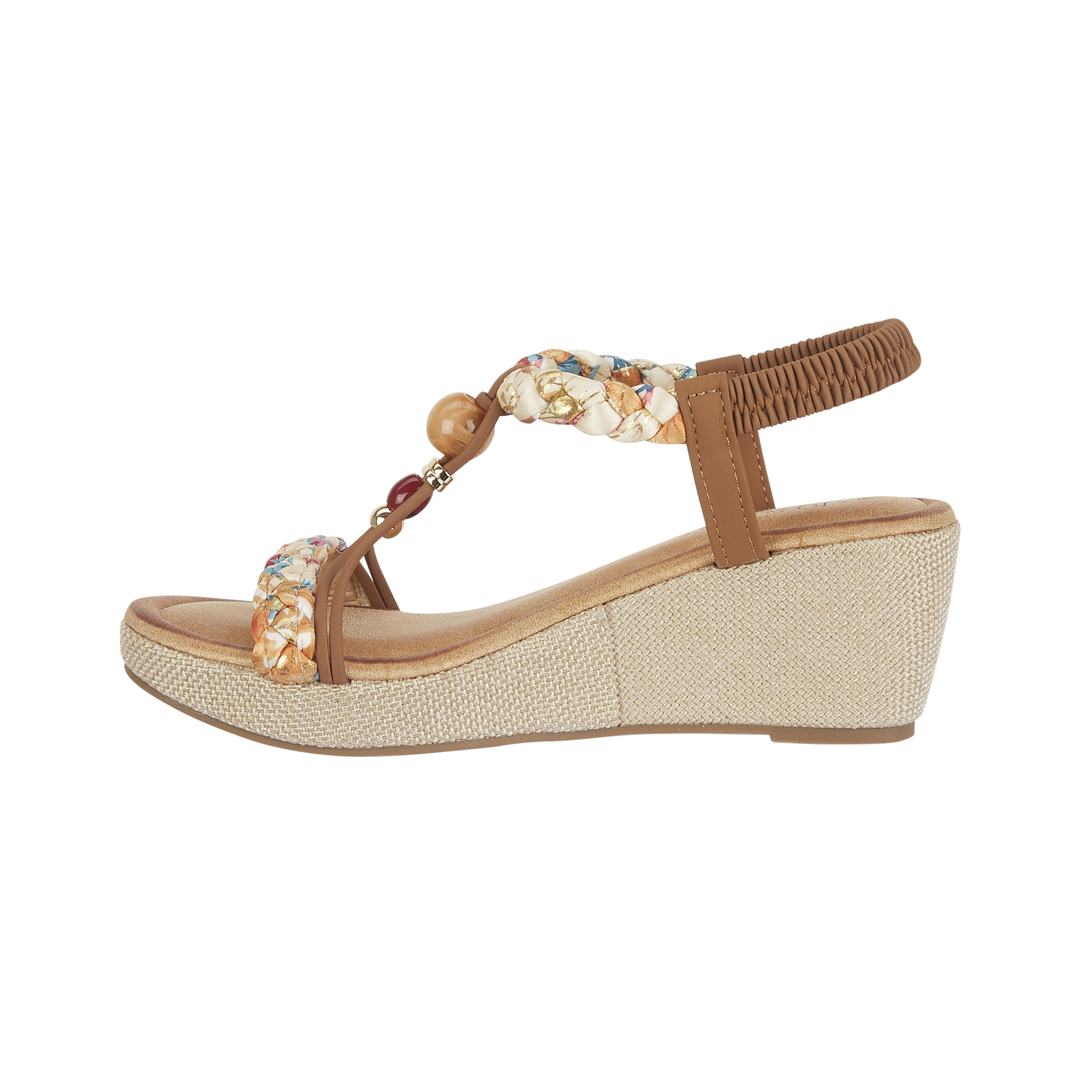 Tan wedge sandal with decorative straps and beads Faro JO & JOE