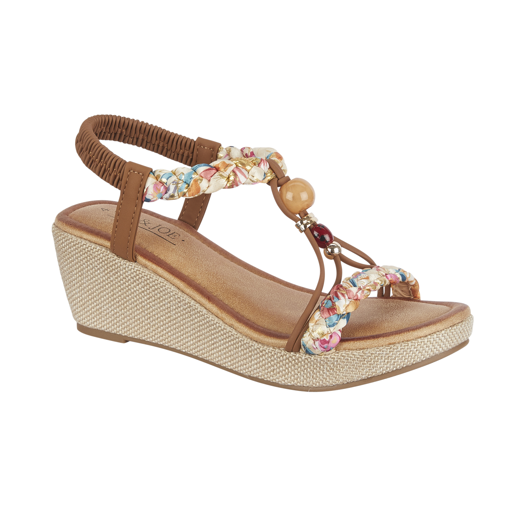 Tan wedge sandal with floral strap and wooden bead Faro JO & JOE