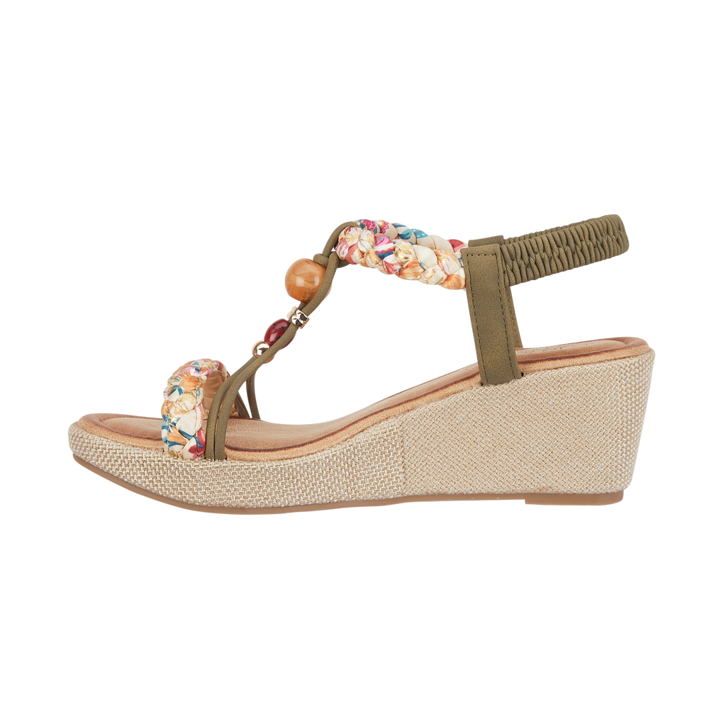 Wedge sandal with floral strap and wooden bead