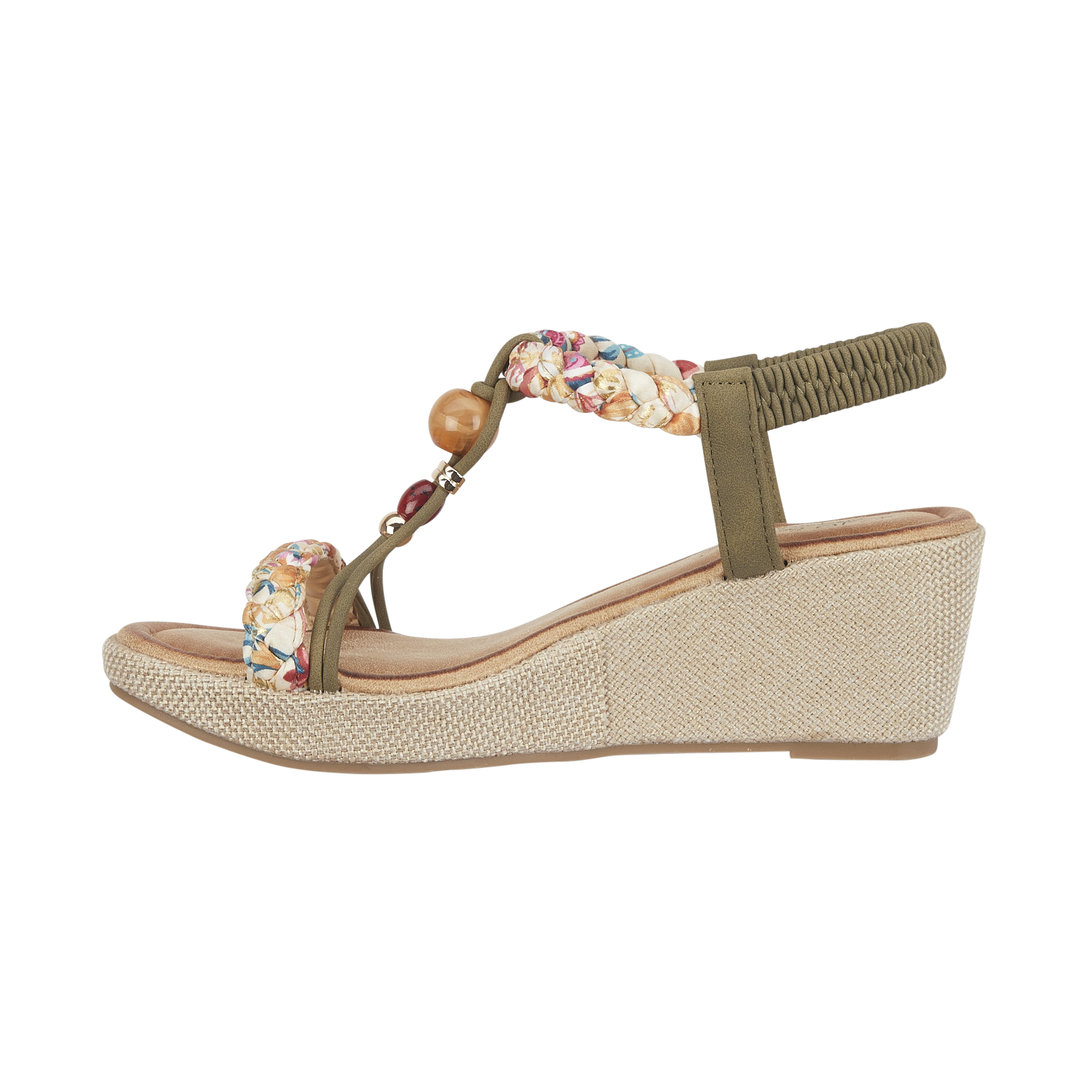 Wedge sandal with floral strap and wooden bead