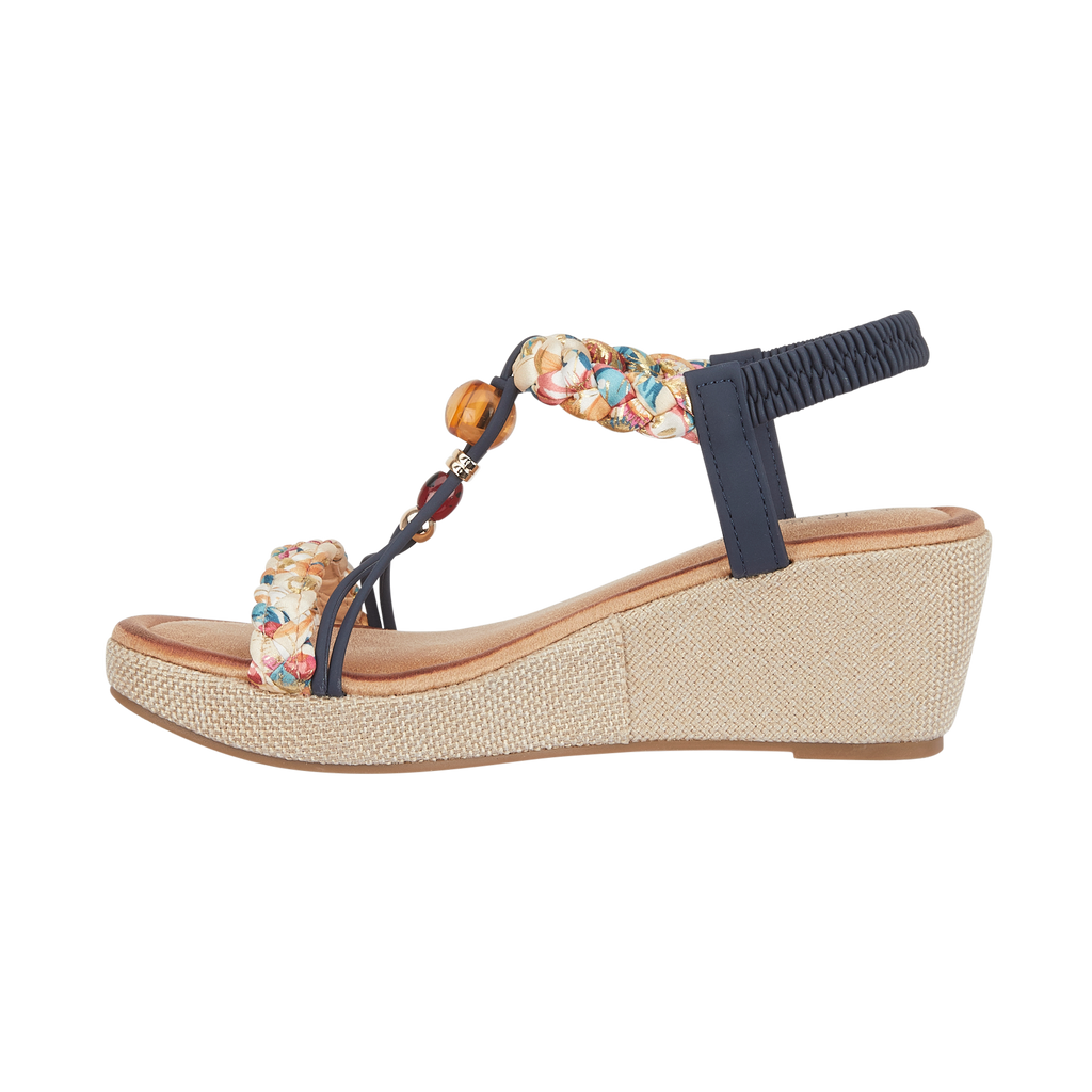 Navy wedge sandal with decorative strap and wooden embellishment Faro JO & JOE
