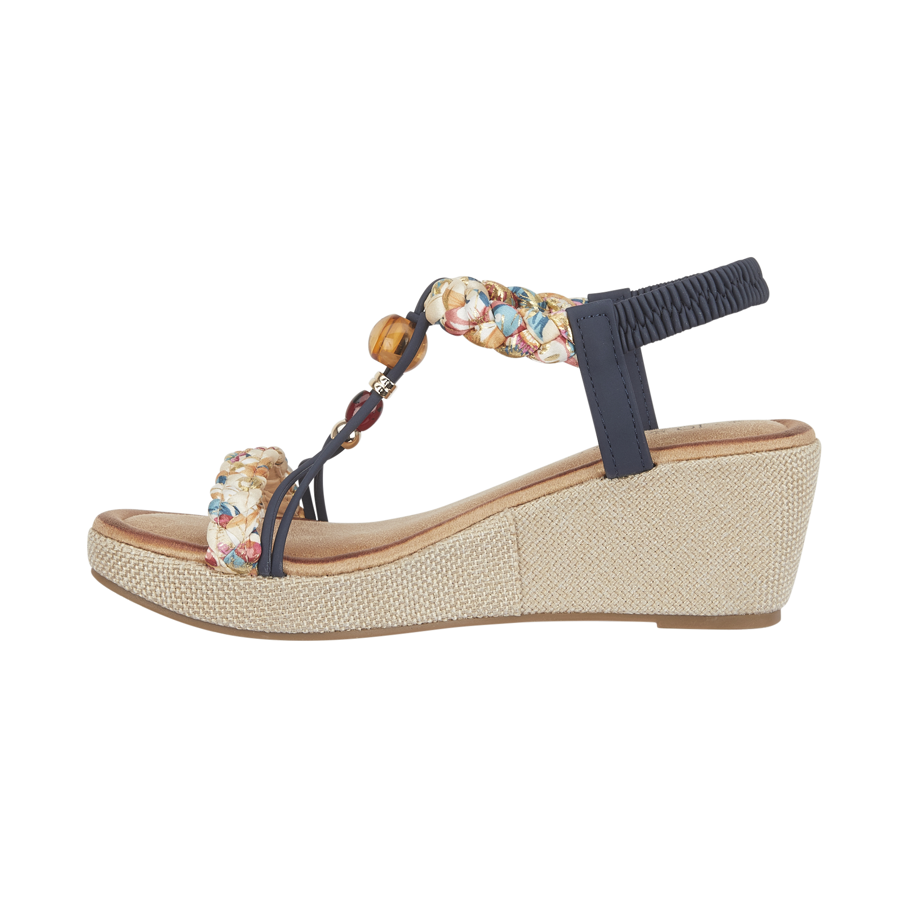 Navy wedge sandal with decorative strap and wooden embellishment Faro JO & JOE