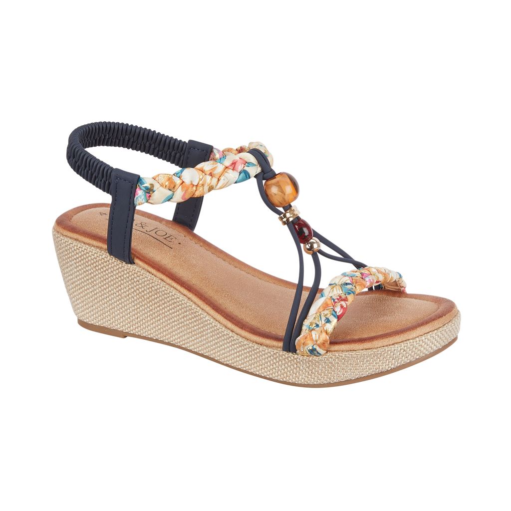 Navy wedge sandal with braided strap and wooden beads Faro JO & JOE