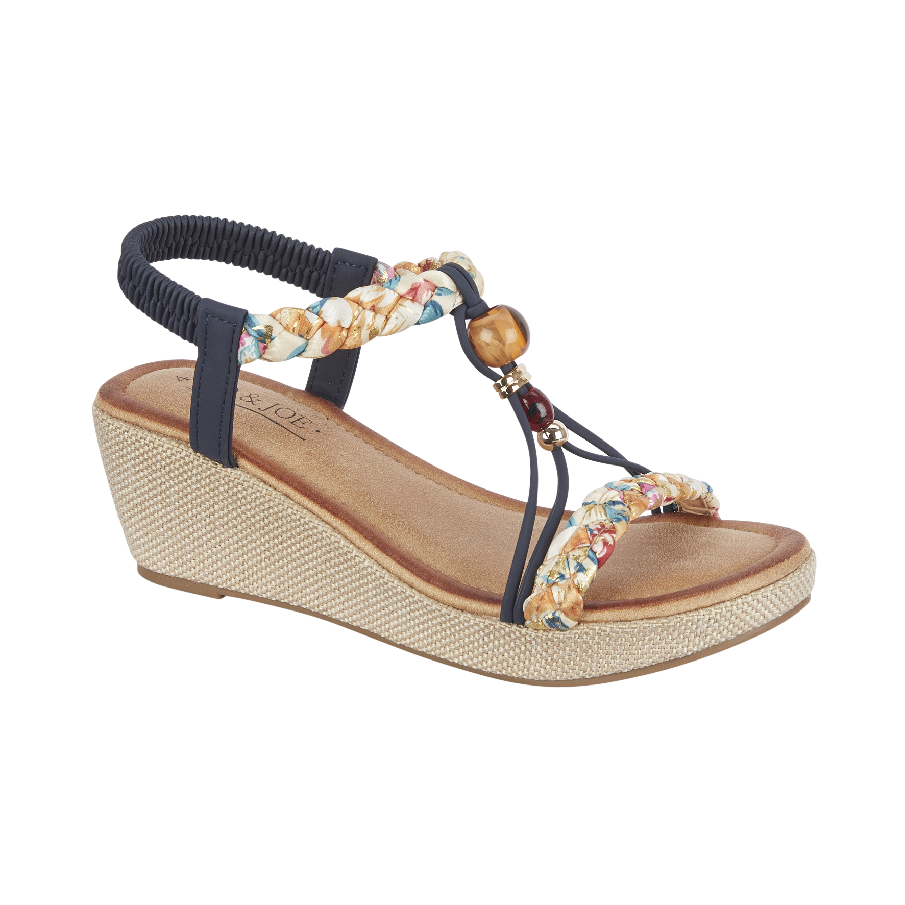 Navy wedge sandal with braided strap and wooden beads Faro JO & JOE
