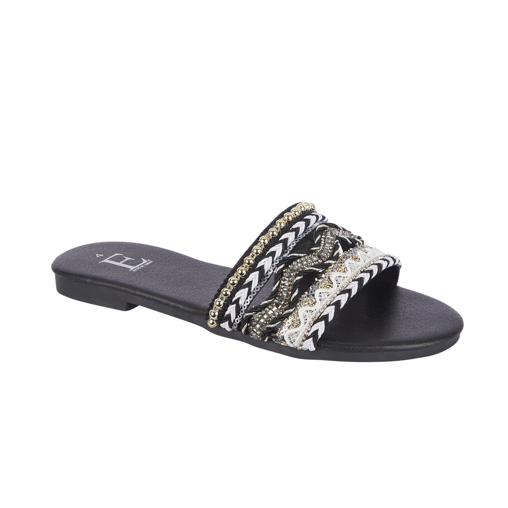 Black slip-on sandal with decorative strap Gypsy Shoes By Emma