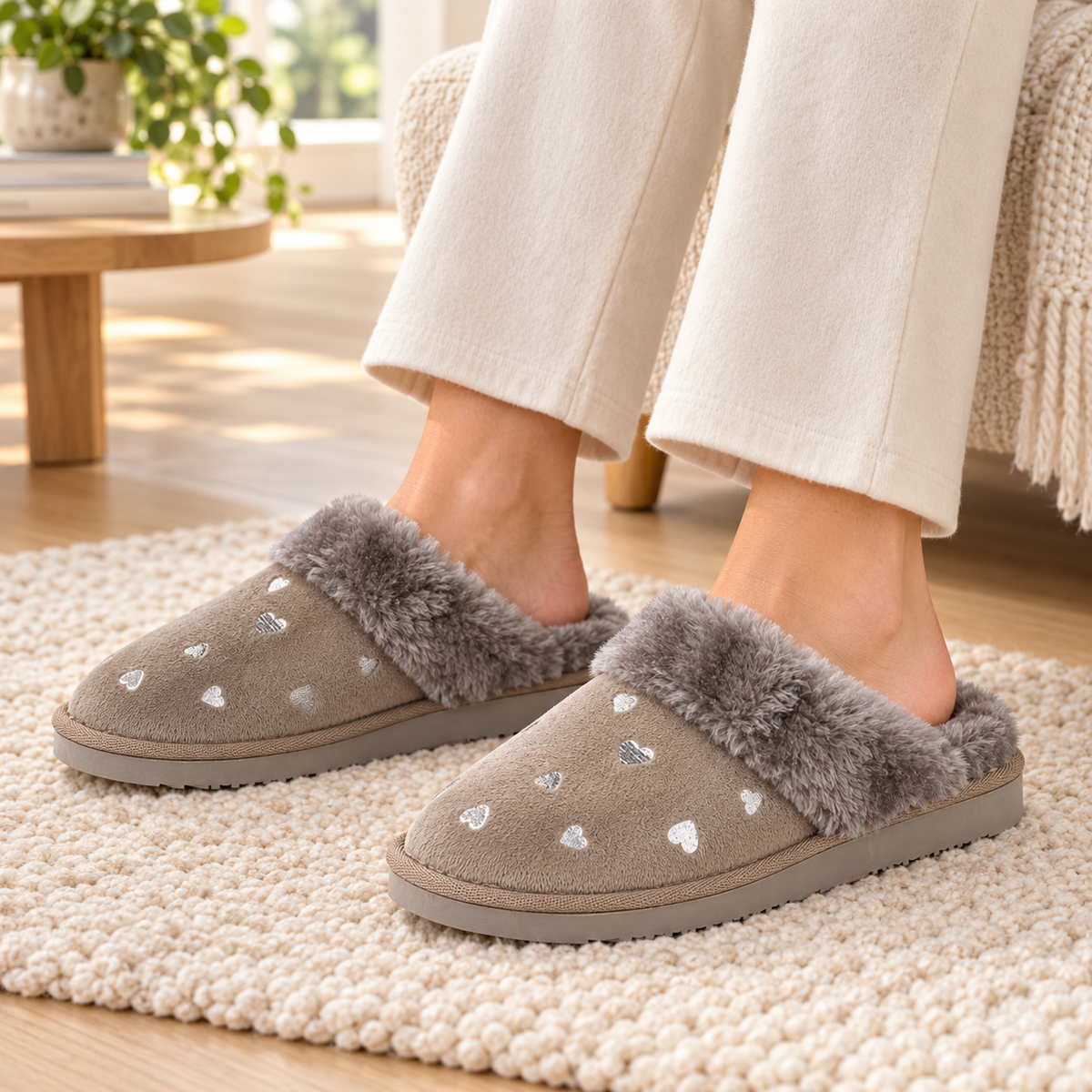 Gretel Mink Heart Mule Slippers