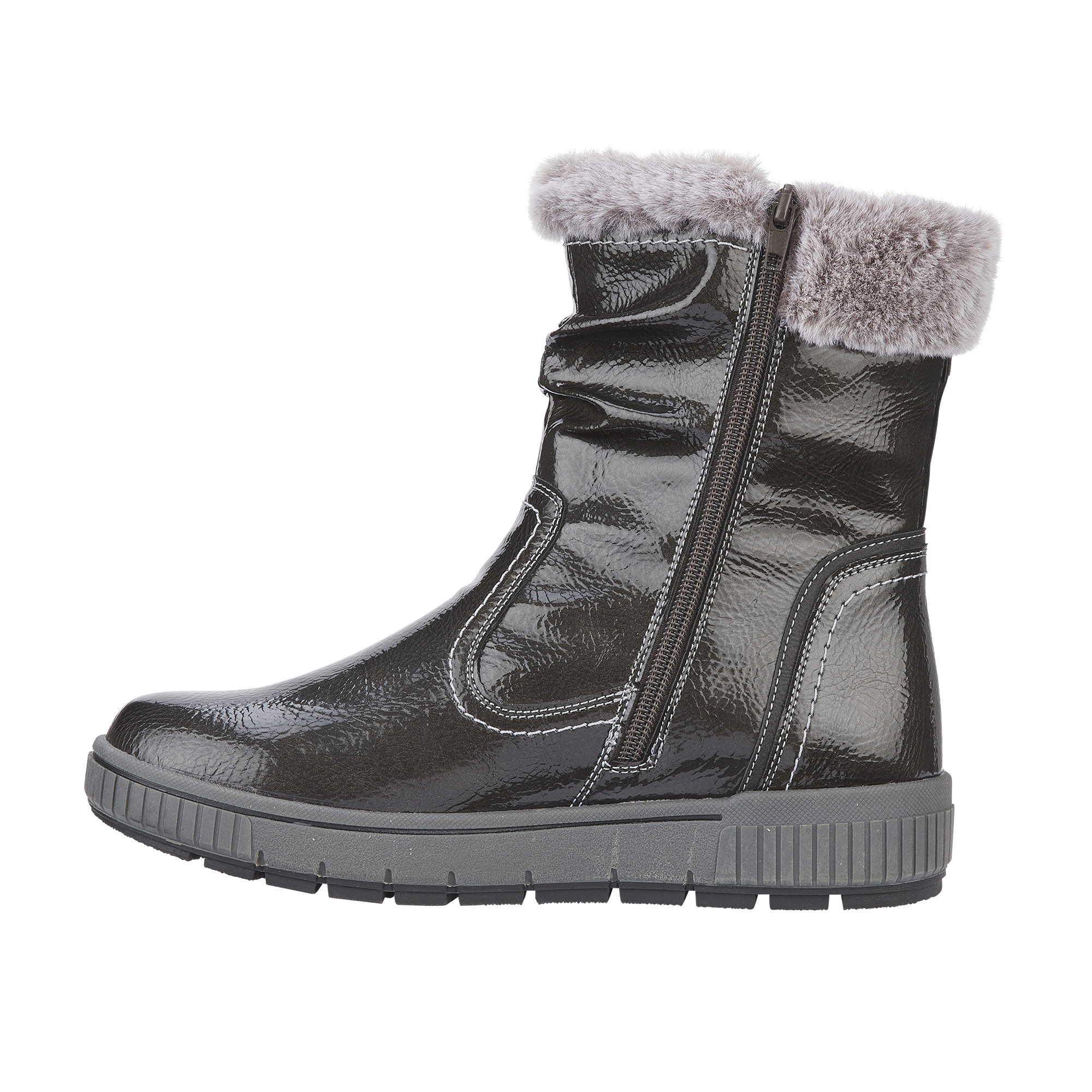 Jade Pewter Patent Ankle Boots