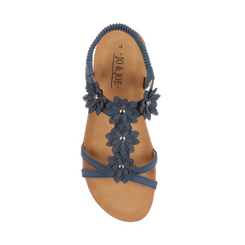 Ladies navy floral embellished sandal with elasticated back on flat sole Jaipur JO & JOE