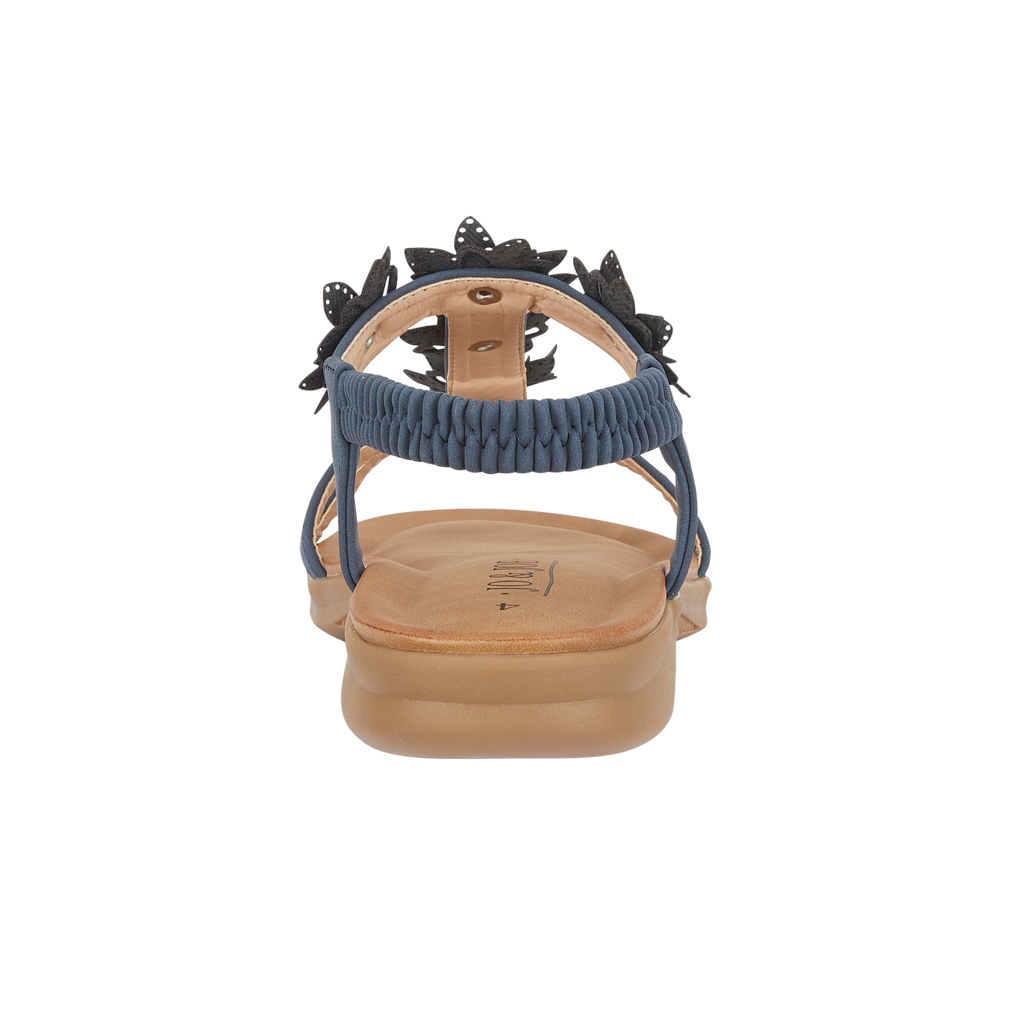 Back view of a sandal with navy blue strap and tan coloured sole Jaipur JO & JOE