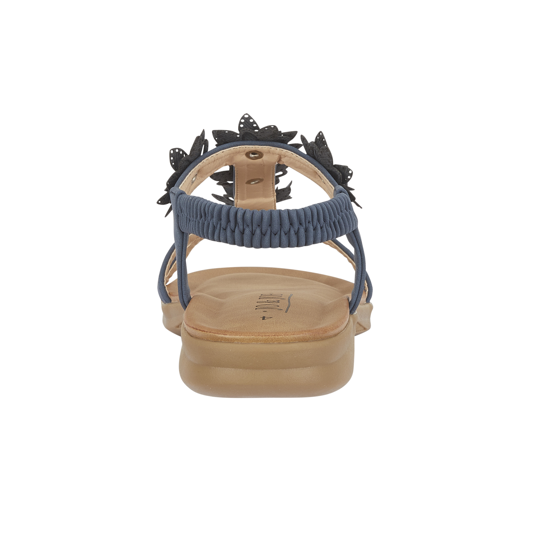 Back view of a sandal with navy blue strap and tan coloured sole Jaipur JO & JOE