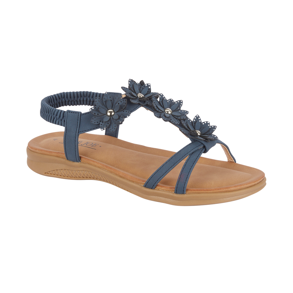 Ladies navy floral embellished sandal with elasticated back on flat sole Jaipur JO & JOE