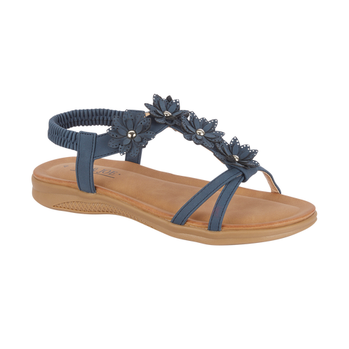 Ladies navy floral embellished sandal with elasticated back on flat sole Jaipur JO & JOE