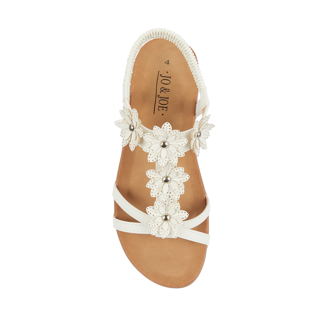 Ladies White floral embellished sandal with elasticated back on flat sole Jaipur JO & JOE