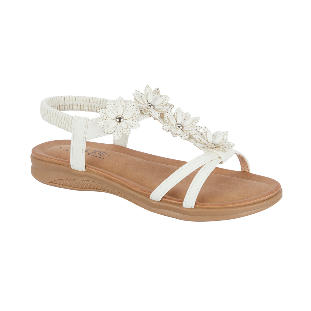Ladies White floral embellished sandal with elasticated back on flat sole Jaipur JO & JOE