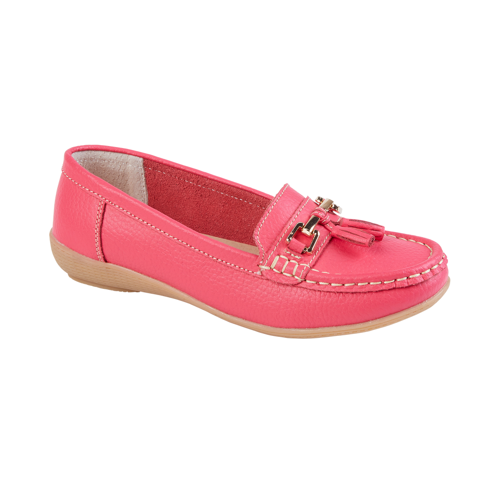 Bright pink leather loafer shoe with tassel gold trim Nautical JO & JOE