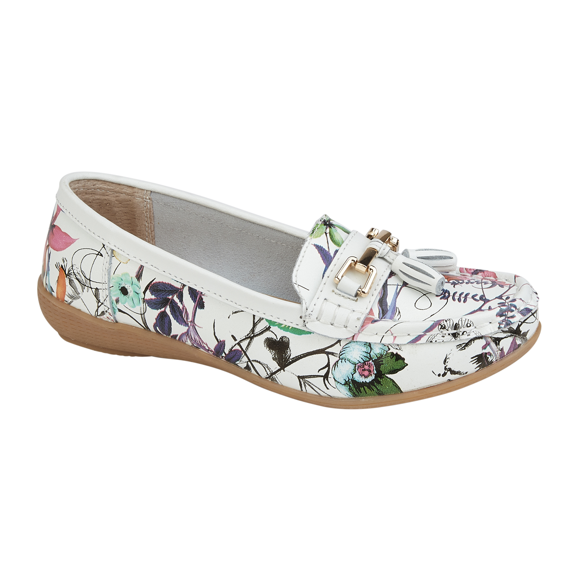 Botanical White Floral Leather Tassel Loafers