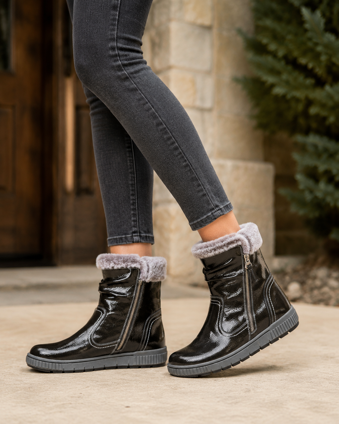 Jade Pewter Patent Ankle Boots