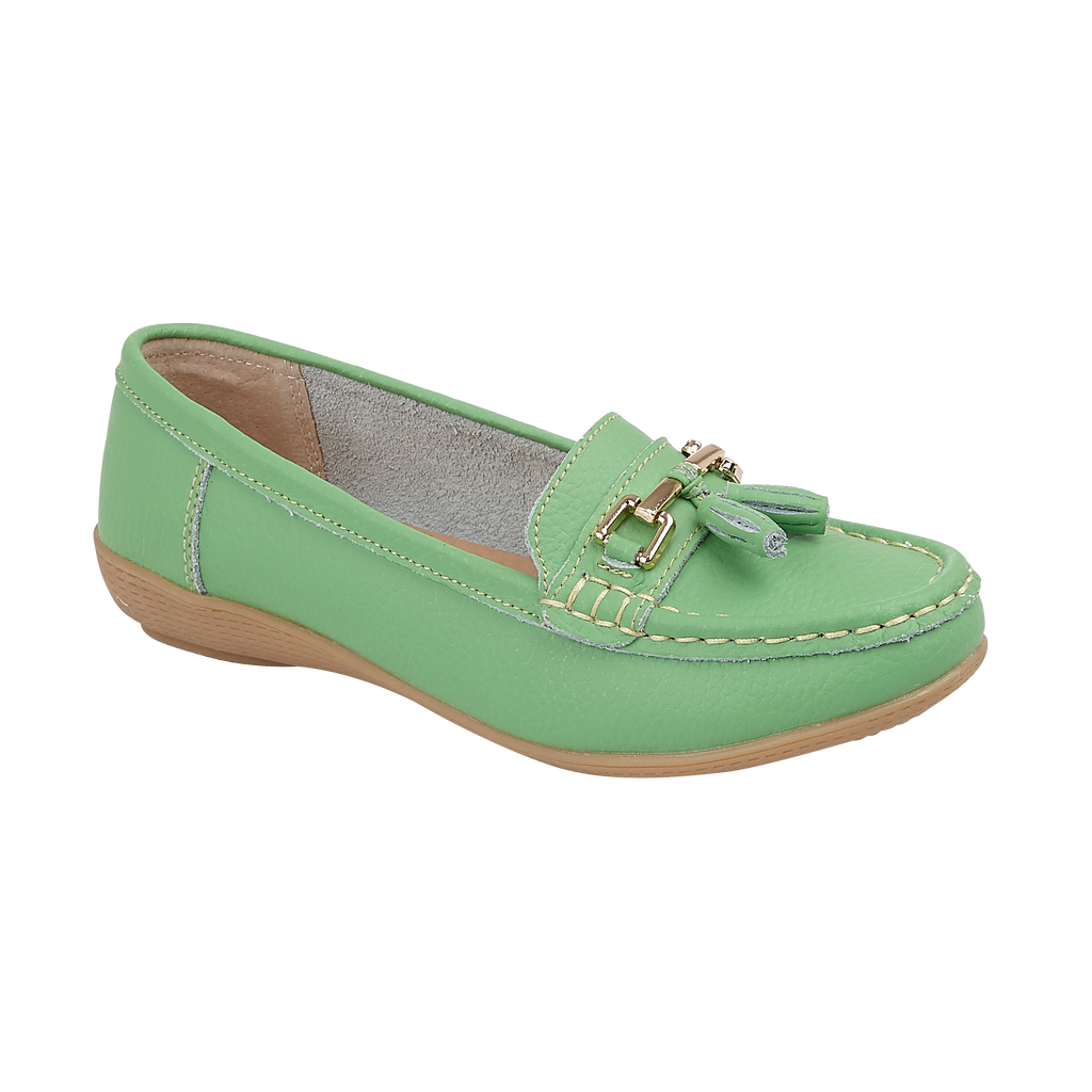 Bright green leather loafer shoe with tassel gold trim Nautical JO & JOE