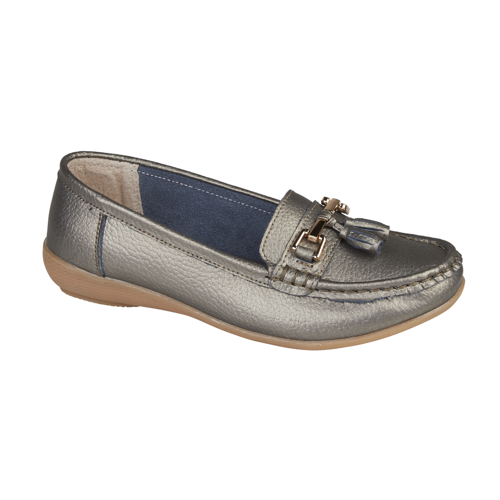 Gunmetal metallic leather loafer shoe with tassel gold trim Nautical JO & JOE