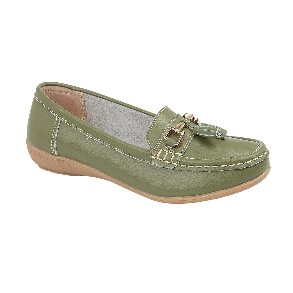 Khaki green leather loafer shoe with tassel gold trim Nautical JO & JOE