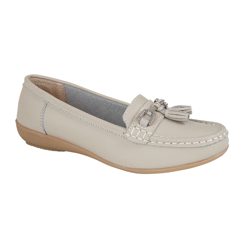 Smoke ecru leather loafer shoe with tassel gold trim Nautical JO & JOE