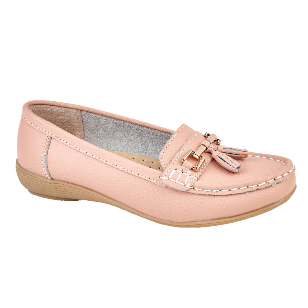 Pink leather loafer shoe with tassel gold trim Nautical JO & JOE