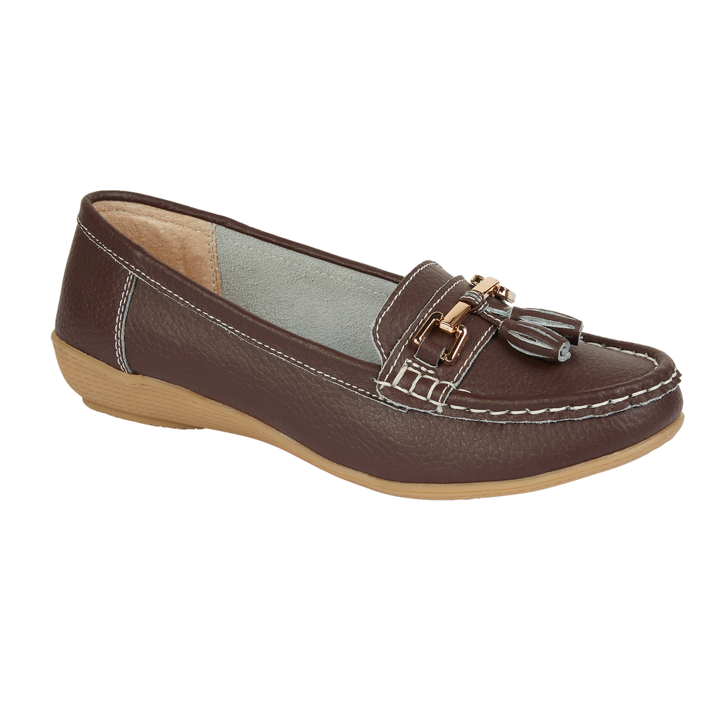 Brown Chocolate leather loafer shoe with tassel gold trim Nautical JO & JOE