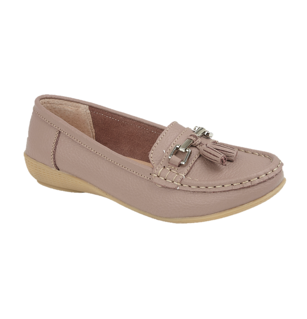 Dusky Pink leather loafer shoe with tassel silver trim Nautical JO & JOE