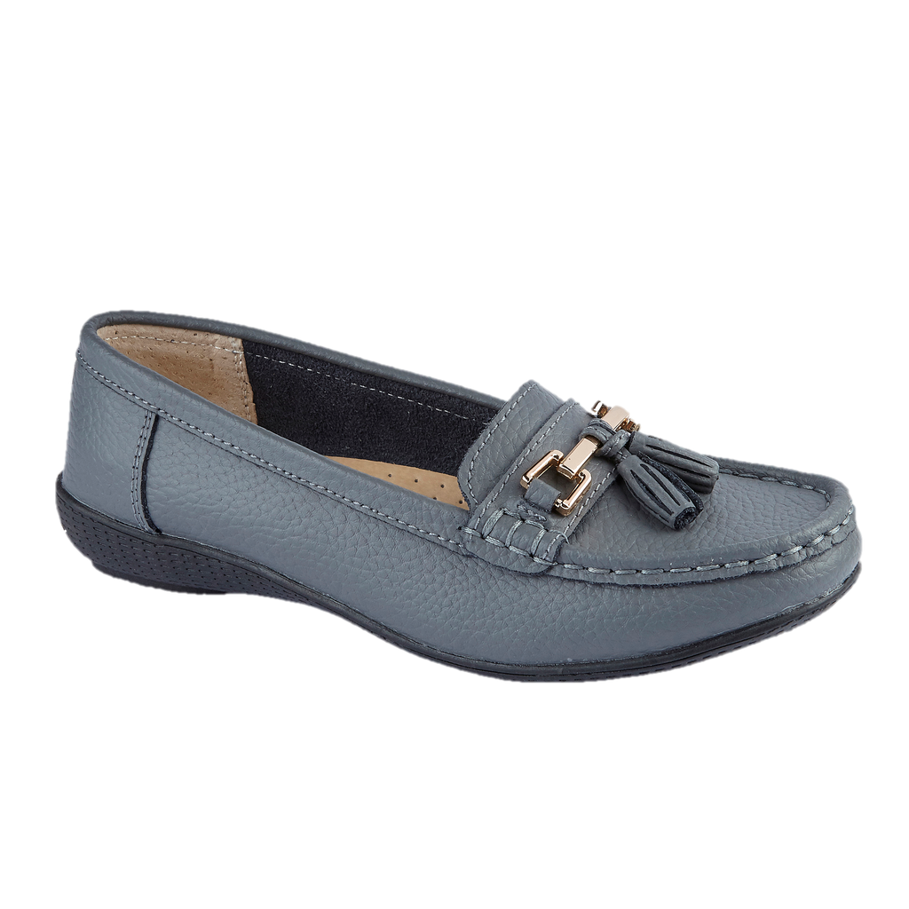 Grey leather loafer shoe with tassel gold trim Nautical JO & JOE