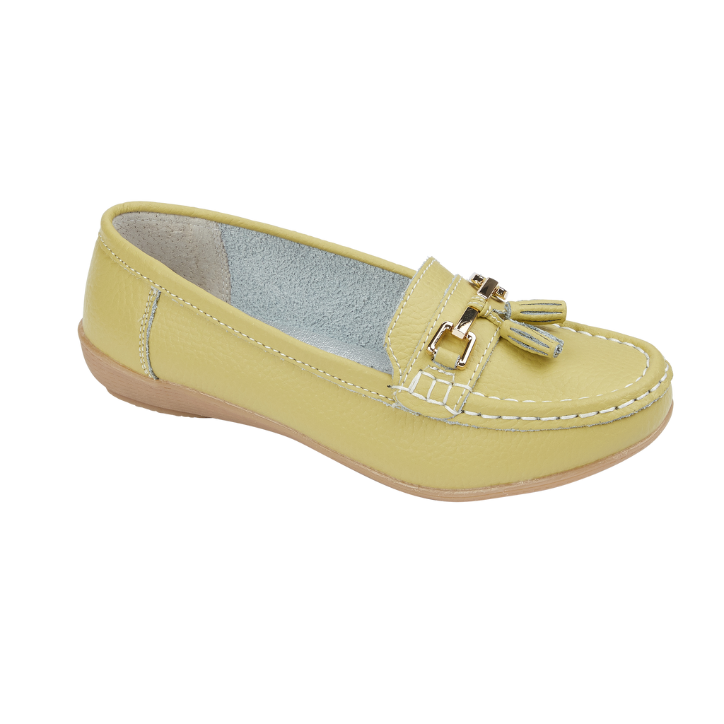 Lime yellow leather loafer shoe with tassel gold trim Nautical JO & JOE