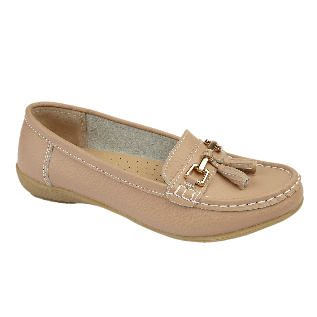 Beige leather loafer shoe with tassel gold trim Nautical JO & JOE