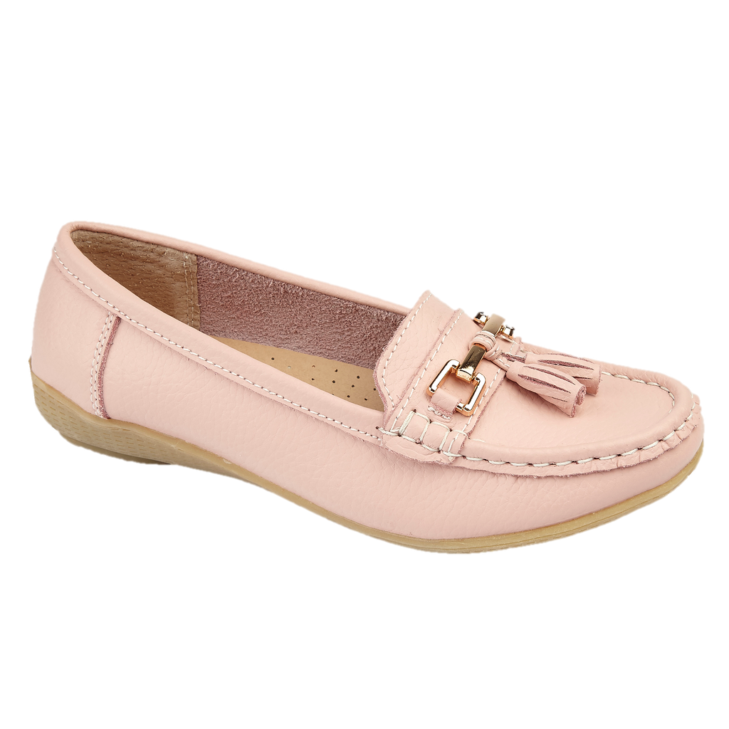 Baby pink leather loafer shoe with tassel gold trim Nautical JO & JOE