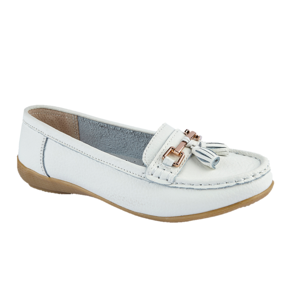 White leather loafer shoe with tassel gold trim Nautical JO & JOE