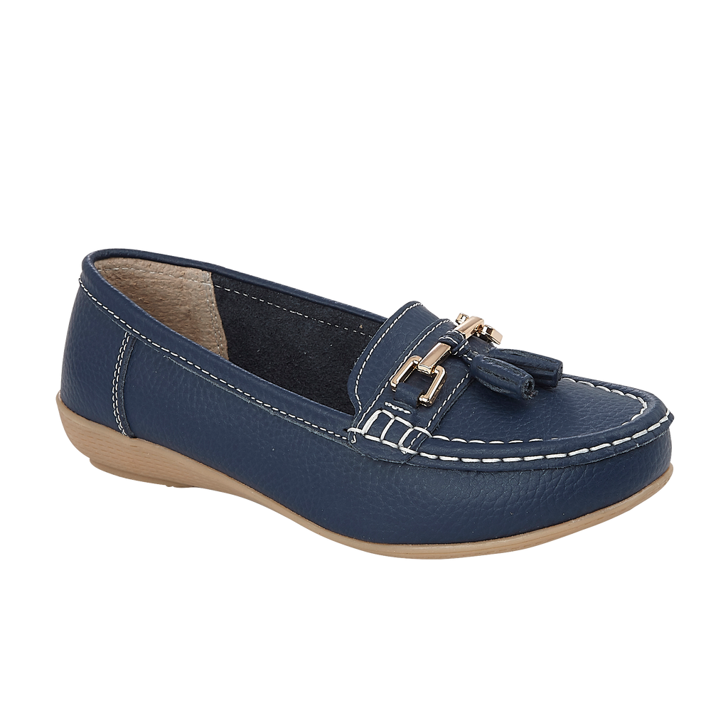 Dark Blue leather loafer shoe with tassel gold trim Nautical JO & JOE