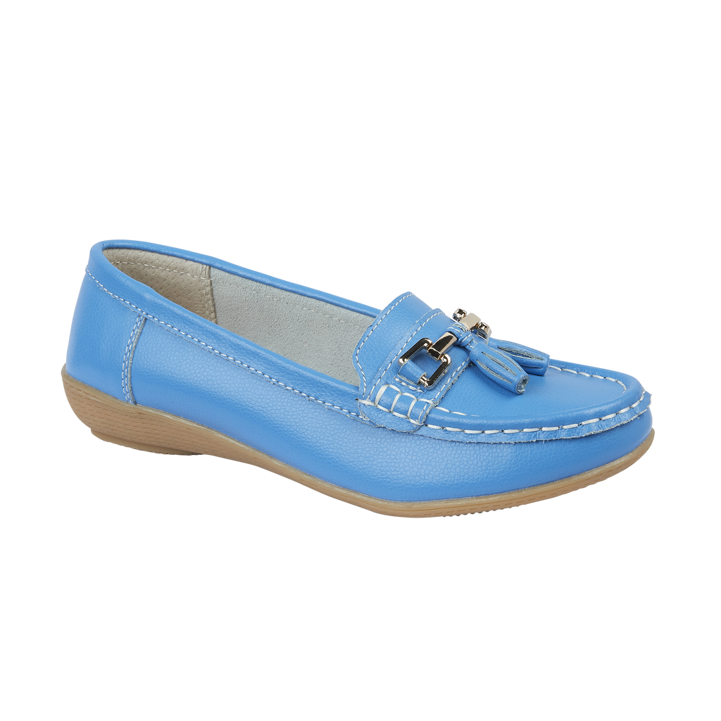 Blue leather loafer shoe with a decorative buckle and tassel Nautical JO & JOE